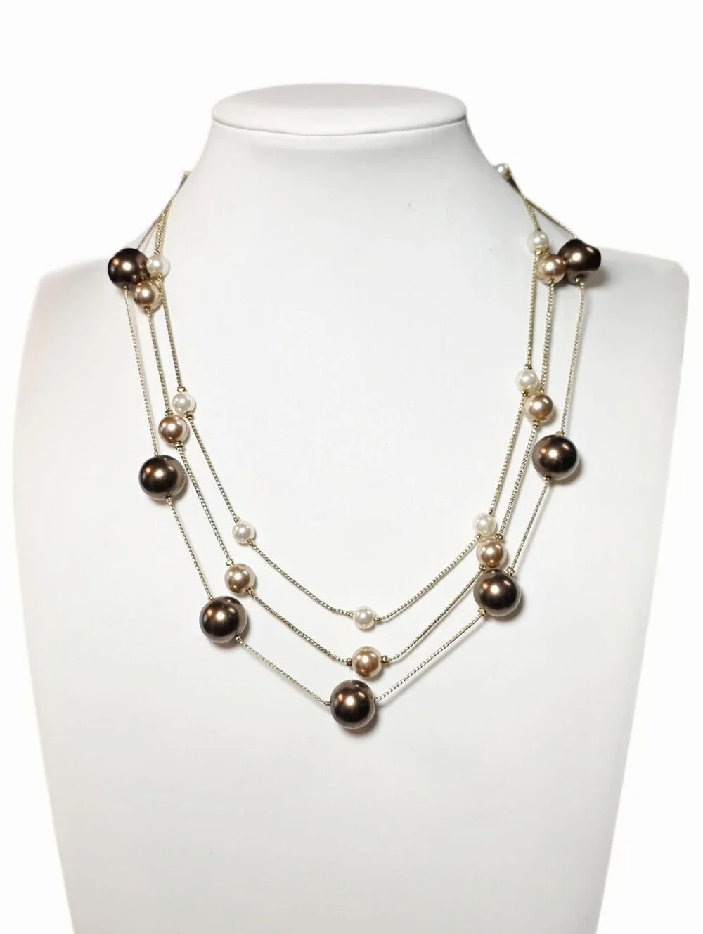 Brown, Gold & Cream Beaded Triple-Strand Gold-Tone Necklace